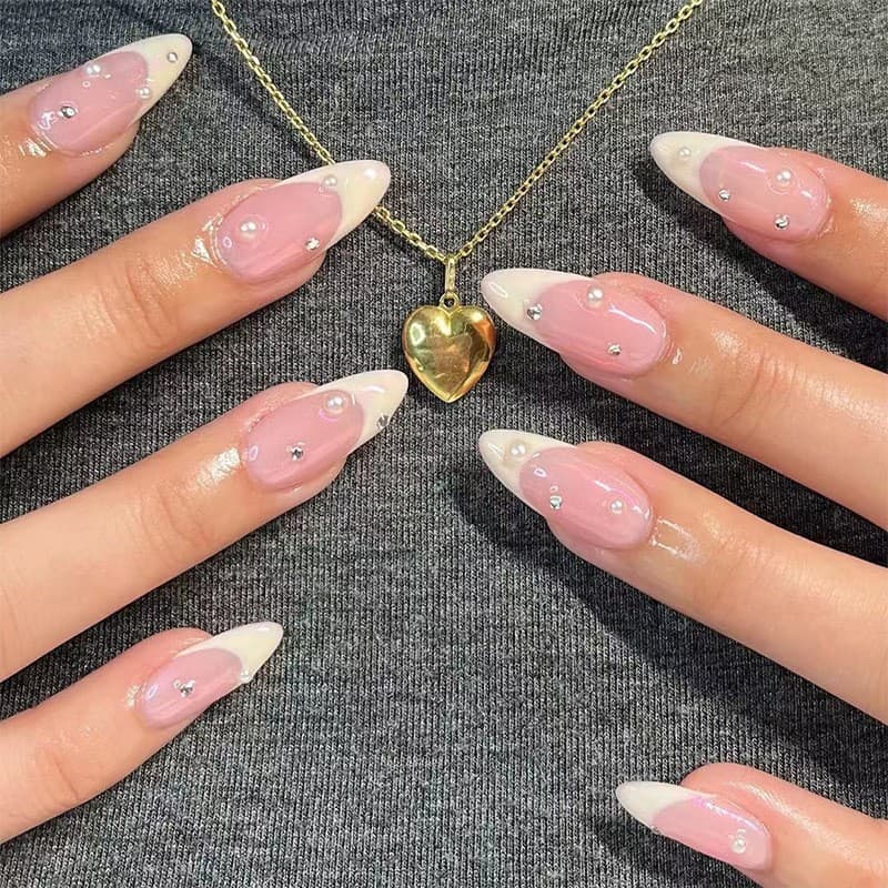 Cross-border Nail Art Wearable Nails Ice-Transparent French Nail Art Rhinestone Pearl Nail Tips Long Almond Press-On Nail Wraps