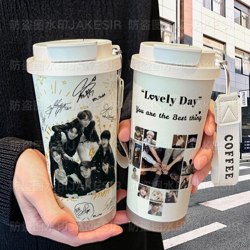 Bts Thermos Cup Stainless Steel Student High-Looking Straw Double Drink Large Capacity Coffee Cup
