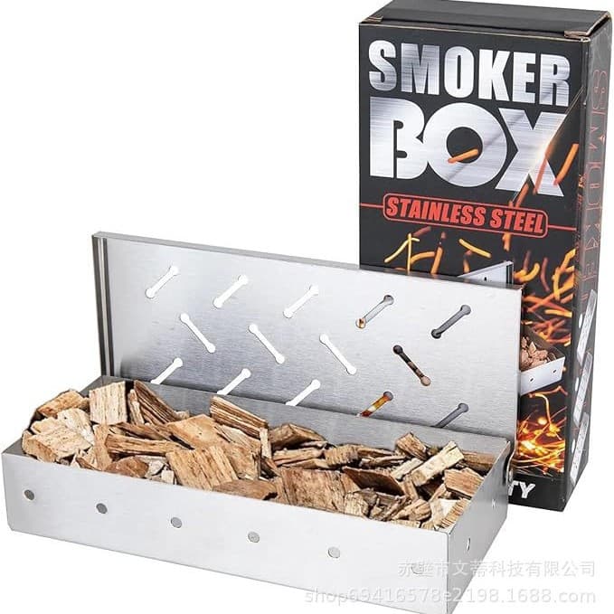 Square Smoker Box Outdoor Grilling Tools, BBQ Stainless Steel Meat Spice Box, Fruitwood Box, Charcoal Burning Box