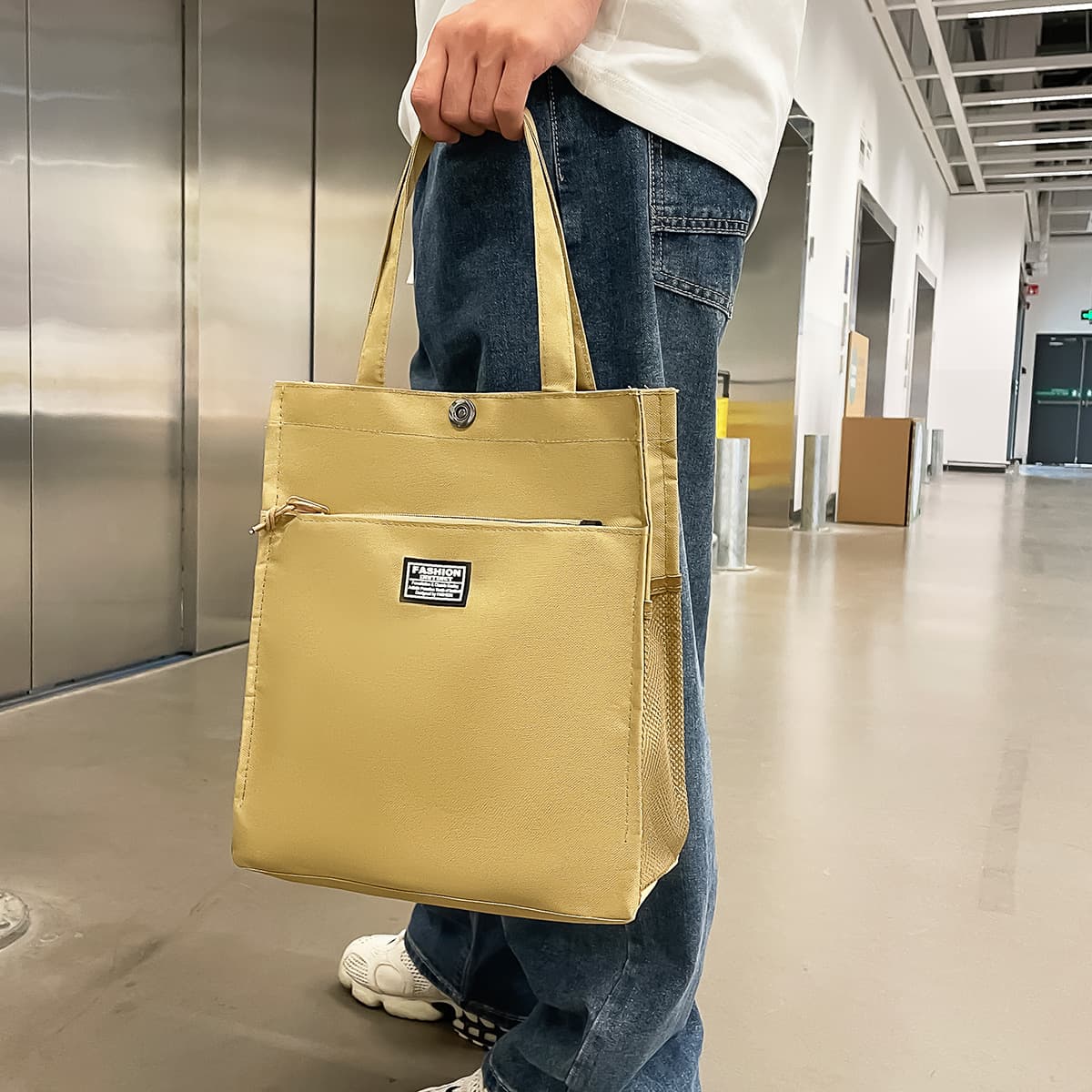 Men's Casual Simple Canvas Tote Bag for Commuting, Large Capacity Document Bag with Shoulder Strap