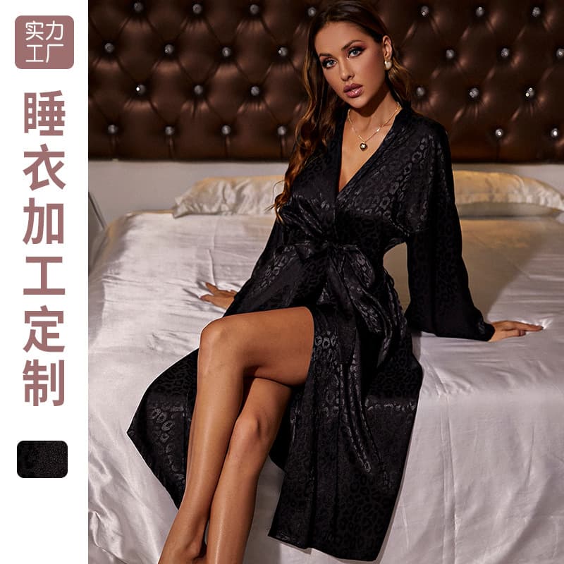 Black Long Sleeve Silk Robe Home Leisure Simple Style Women's Belted Morning Coat Ice Silk Bathrobe Thin Sexy Sleepwear