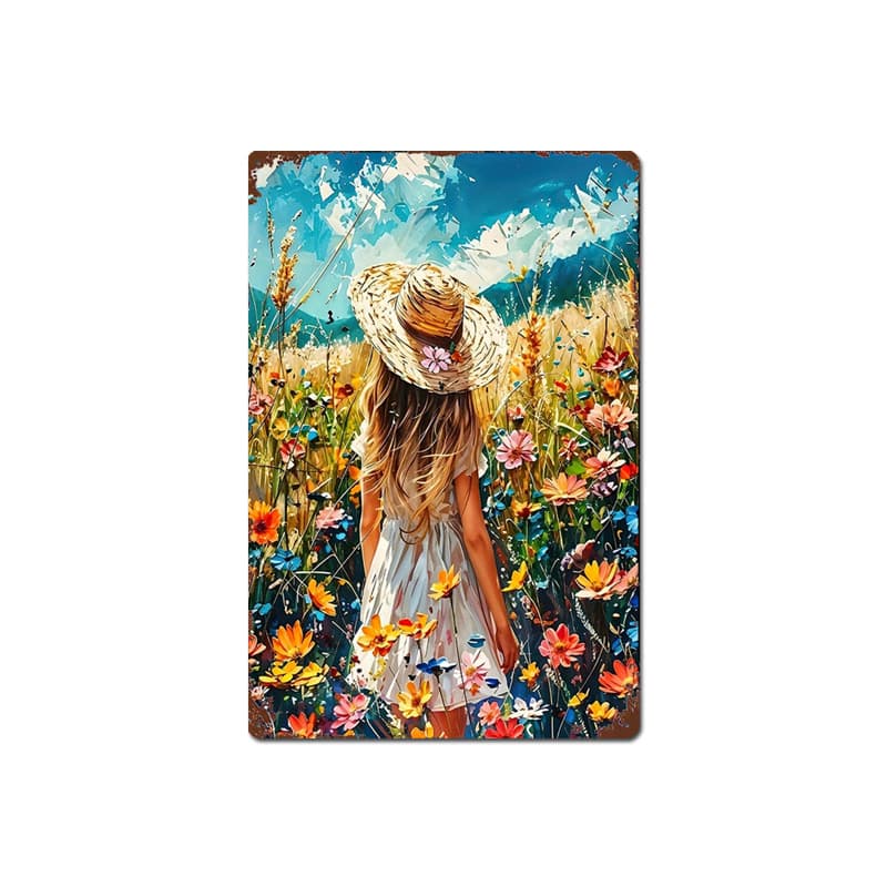 Cross-border American rustic tin sign oil painting flowers, pastoral garden balcony outdoor landscape decoration wall decor