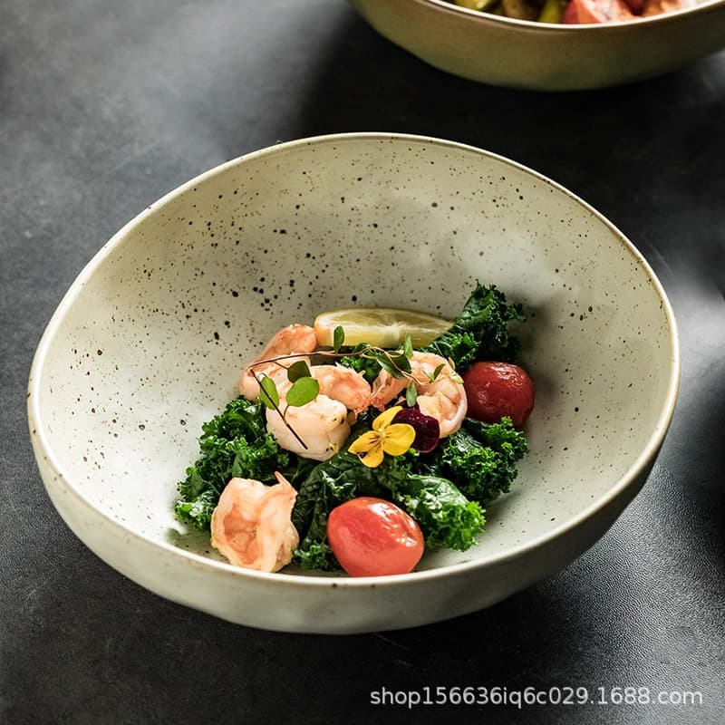 Western tableware large soup bowl household Japanese ceramic bowl retro creative vegetable bowl stir-fry salad bowl special-shaped bowl shallow mouth bowl