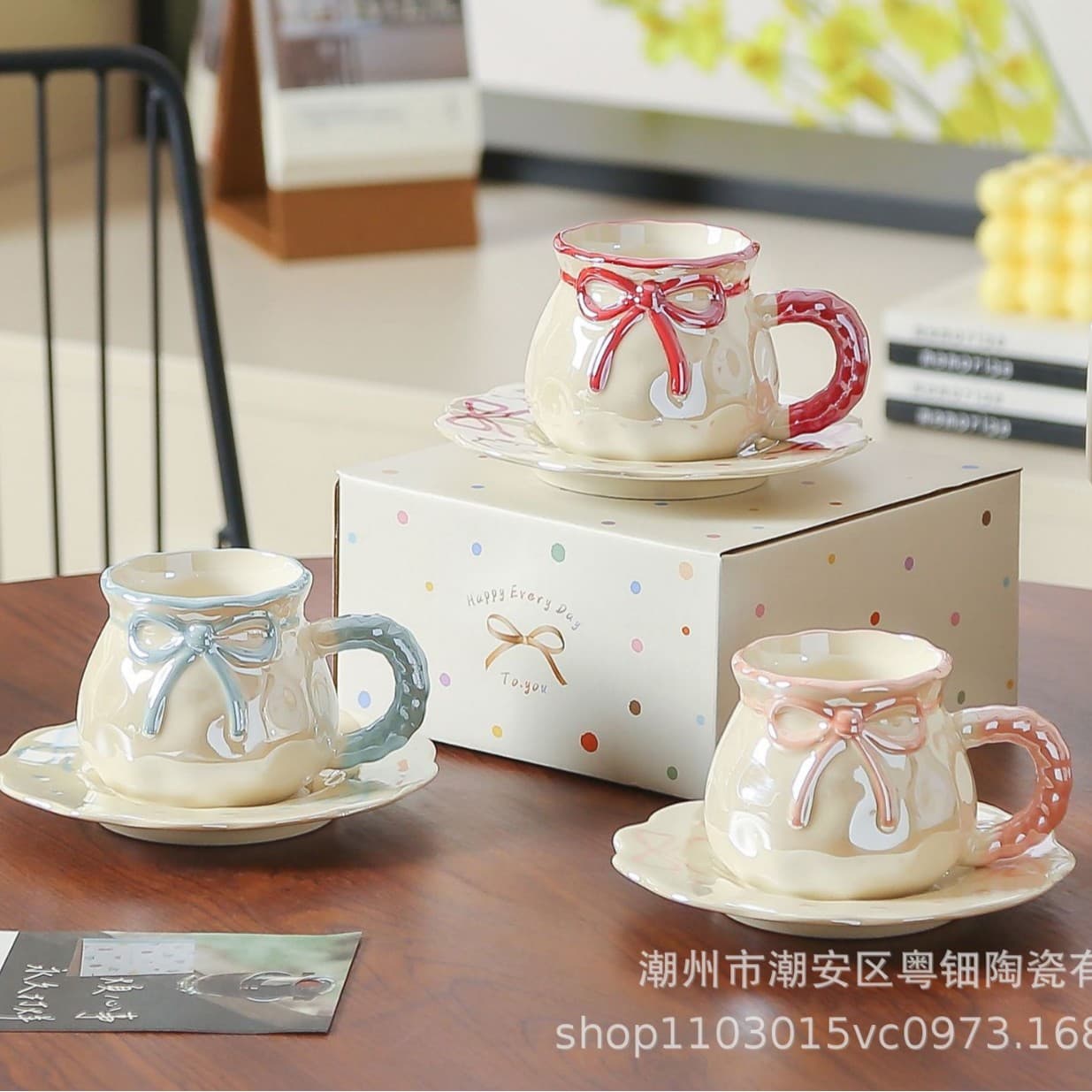 Medium Colorful Bow Coffee Cup Afternoon Tea Cup and Saucer Single Set, High-End Design for Home Living Room Hospitality, Perfect Gift
