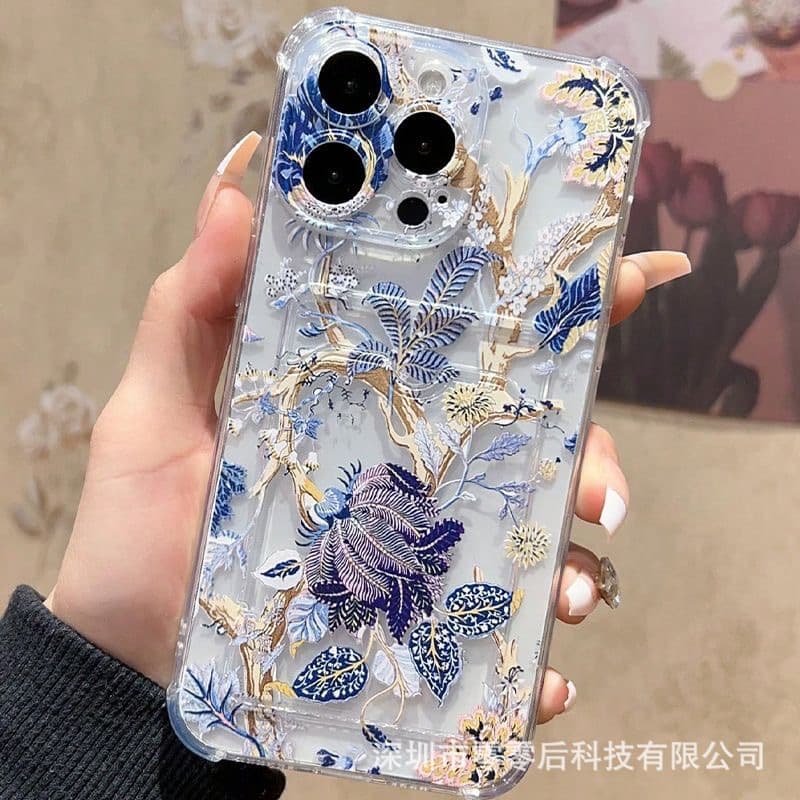 Flower Plant Compatible iPhone 15 Pro Max Transparent Card Slot Apple 14 Card Case Phone Cover 13 Silicone 11