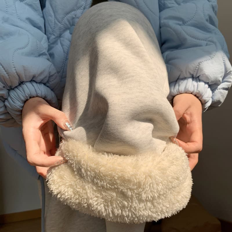 Gray matching wide-leg pants for women, thickened sherpa winter warm cotton pants, plus velvet casual straight-leg sweatpants