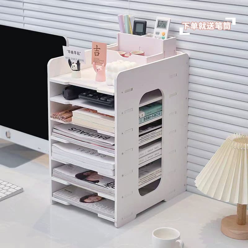 Desktop Multi-layer Storage File Rack Office Supplies Document Organizer Student Home Use Stationery Shelf with Pen Holder