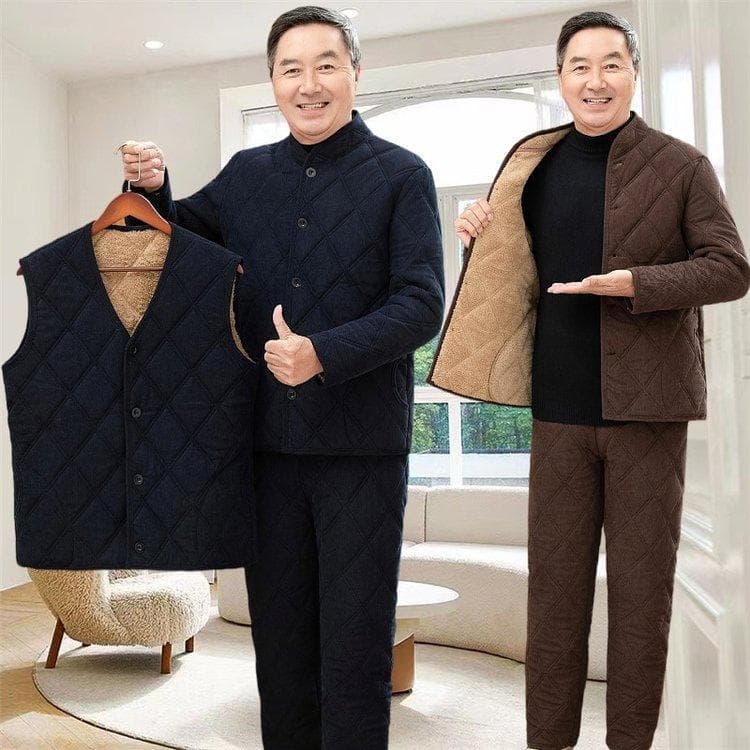 Winter cotton-padded coat and trousers set for middle-aged and elderly men, thickened and fleece-lined, warm cotton-padded jacket.