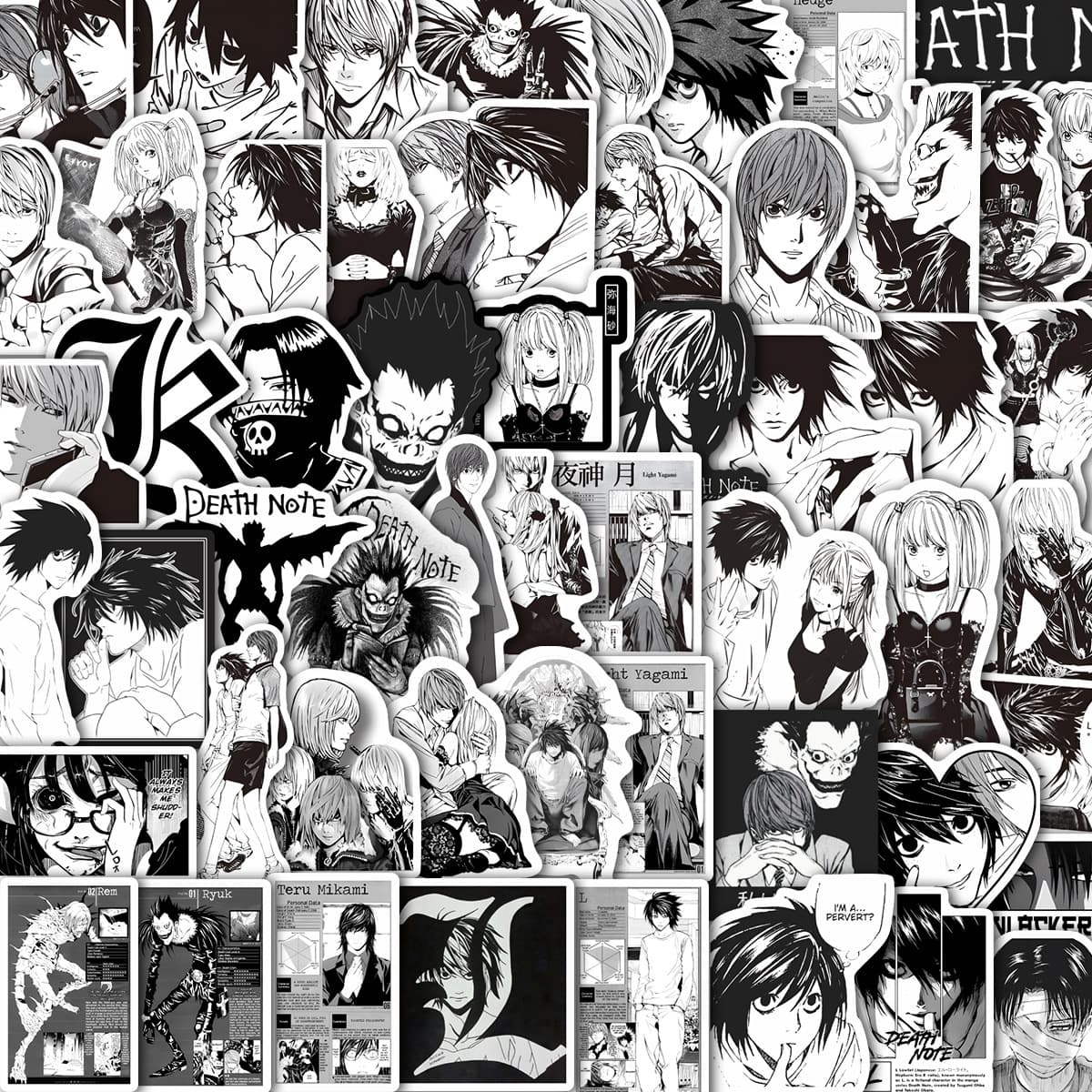 55 Japanese-Style Black and White Stickers Anime Characters Conan, Hanako-Kun, Jojo, Literature, Death Note Stickers