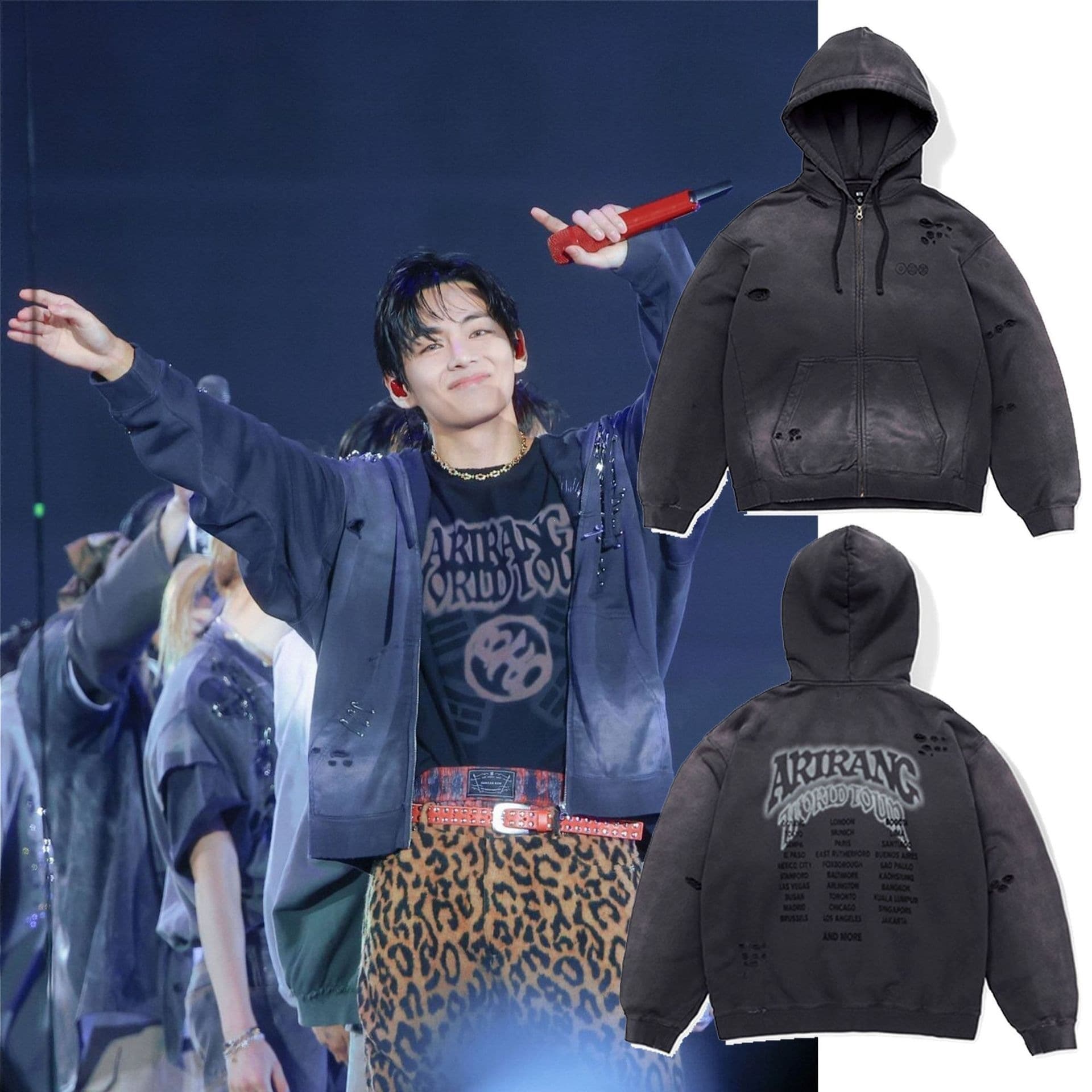 Bts Arirang Tour Limited Edition Hooded Zip-Up Sweatshirt Black Vintage Jacket for Men and Women