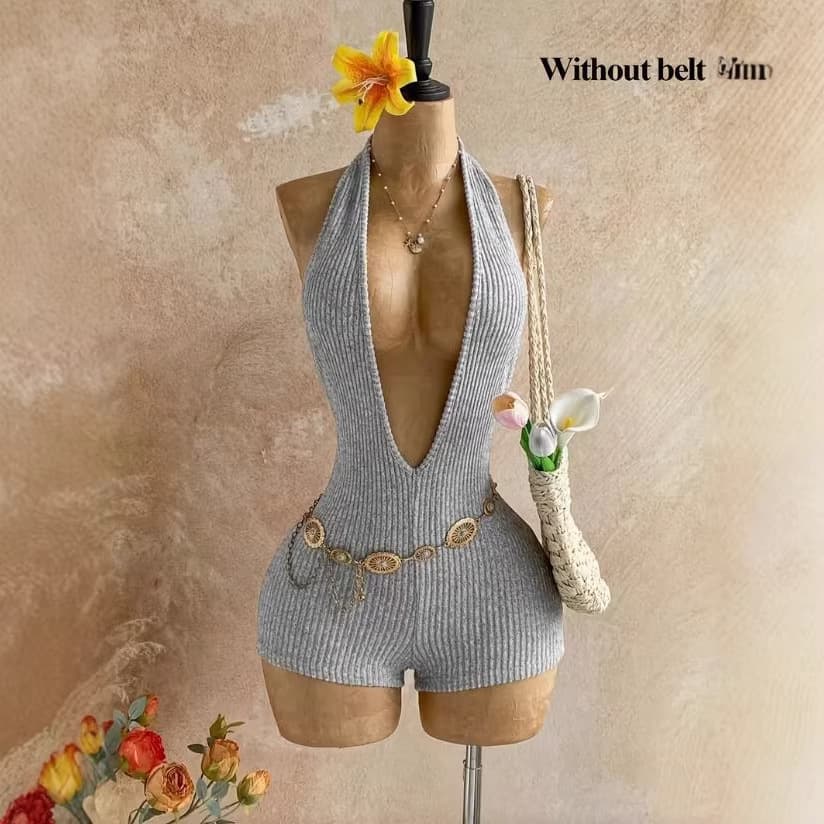 Cross-border trade European and American simple commuting style knitted gray bodysuit V-neck backless sexy slim-fit bodysuit for women