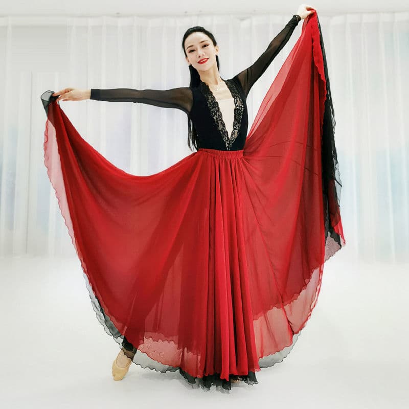 720-Degree Chinese Classical Ethnic Style Dance Practice Wear Performance Long Skirt Double-Layer Tencel Flowy Large Flare Skirt