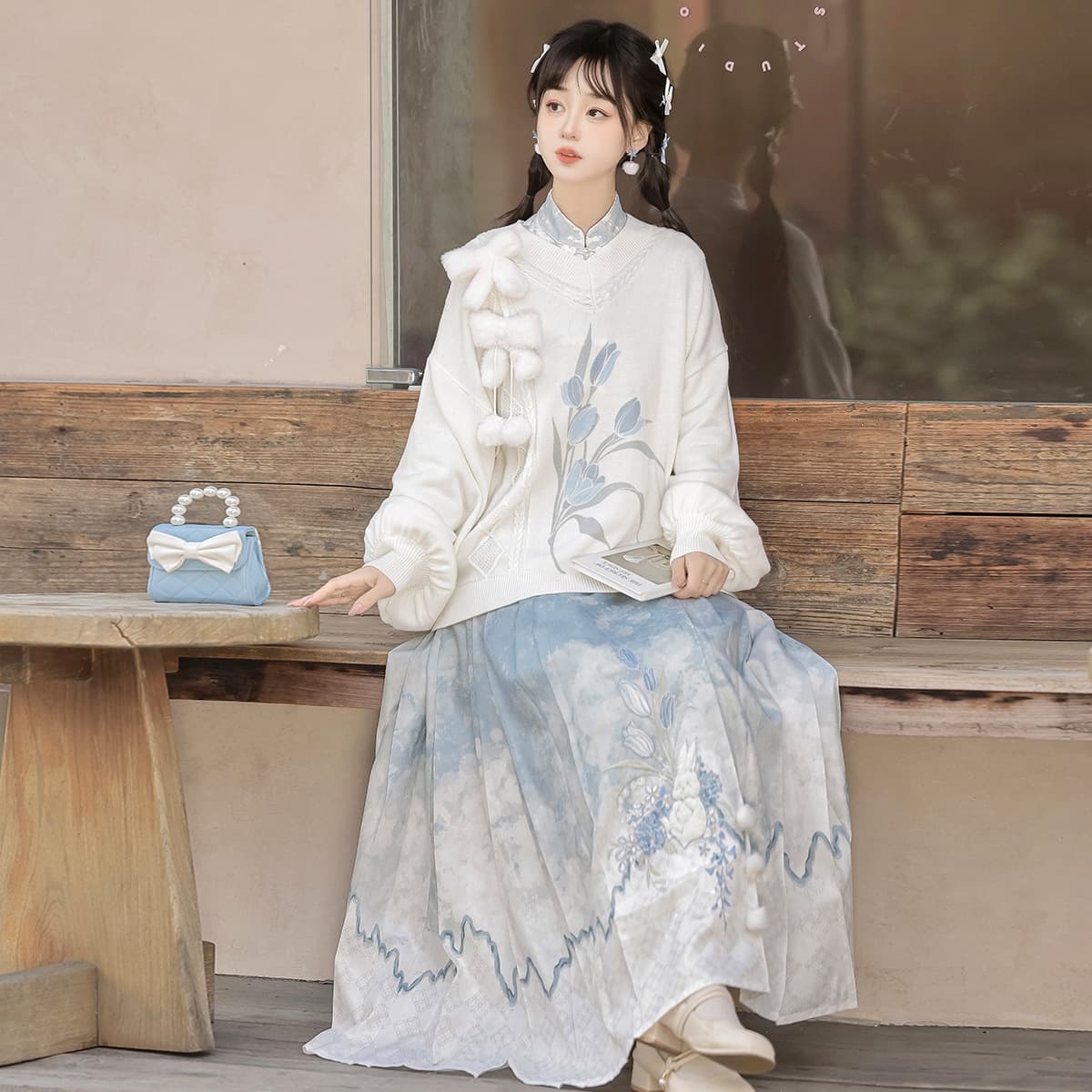 Yimengge Original Design Flower and Bunny Hanfu Women's National Style New Chinese Top and Skirt Set 9457