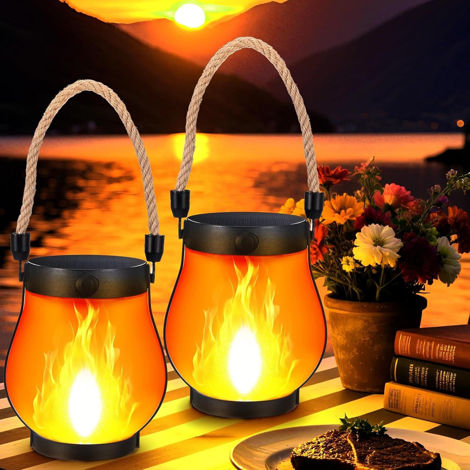 Cross-border popular solar flame lamp outdoor waterproof hanging small lantern hemp rope lamp solar flame