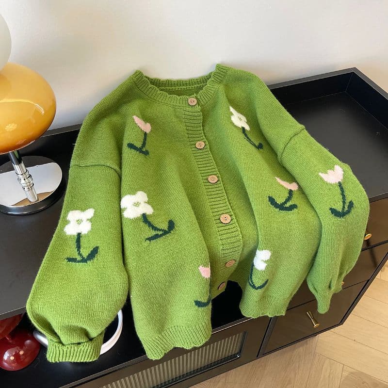 2026 Spring New Women's Forest Style Stylish Green Floral Sweater Coat Spring/Fall Plus Size Knit Cardigan Top
