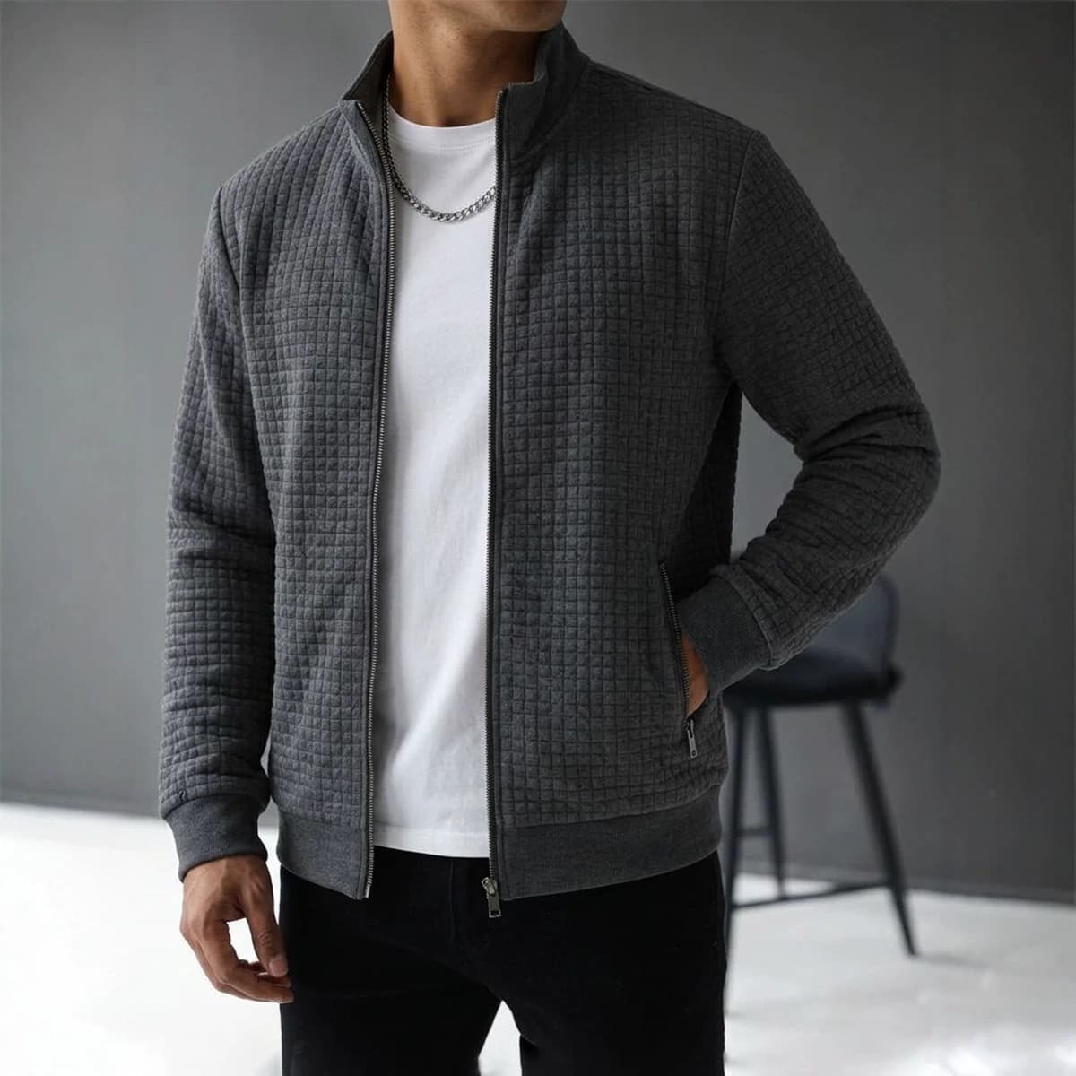 European and American Style Men's Retro Diamond Quilted Jacket with Stand Collar and Leather Elbow Patches, Suitable for Autumn and Winter, Business Casual Trendy Outerwear
