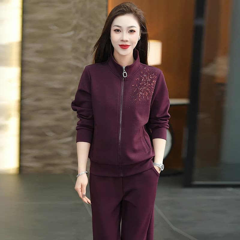 Fashion Sportswear Set for Women Spring Autumn 2026 New Stand Collar Two-Piece Middle-Aged Mother's Trendy Rhinestone Casual Suit