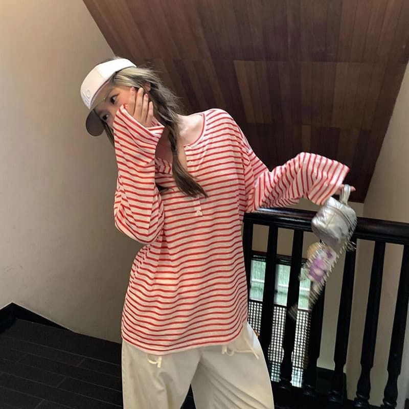 Korean style lazy style contrast striped long-sleeved sun protection blouse for women 2025 summer new long-sleeved T-shirt top