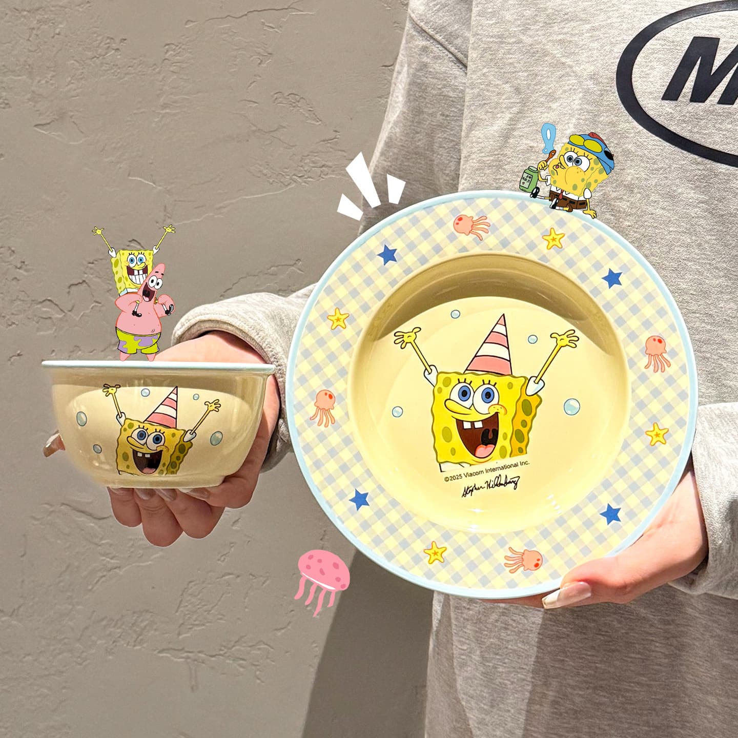 SpongeBob Ceramic Dinnerware Bowl and Plate Set 2026 New Style Cute Couple Bowls and Chopsticks High-Aesthetic Bowls and Plates