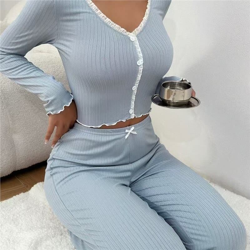 New European and American Homewear Amazon Pajamas Long Sleeve Long Pants Slim Sexy Lace Double Long Set Pajamas