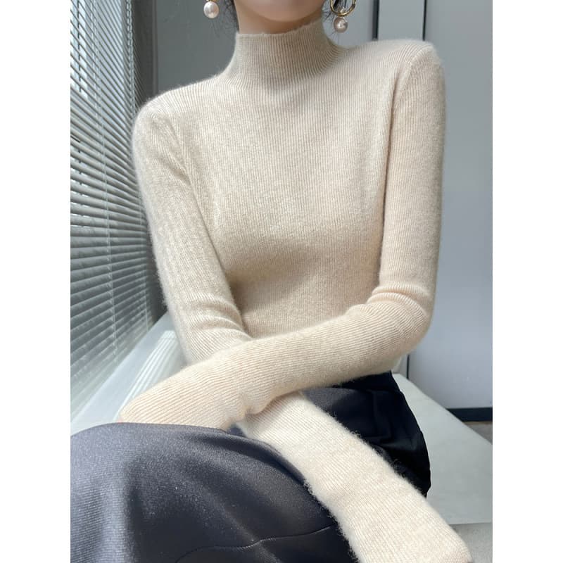 Women's New Fall/Winter Solid Color Long-Sleeve Knit Sweater, Pullover Half-Turtleneck Inner Layer, Ribbed Slim Fit Korean Style