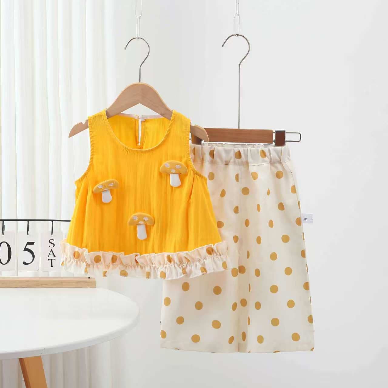 Summer infant and toddler mushroom skirt blouse and culottes suit girls color mushroom sleeveless top polka dot wide leg pants two-piece set