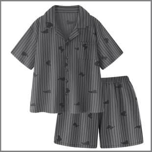 Striped Cat Pajama Set for Men - Short Sleeve & Shorts, 2026 New Style Summer Loungewear for Young Men