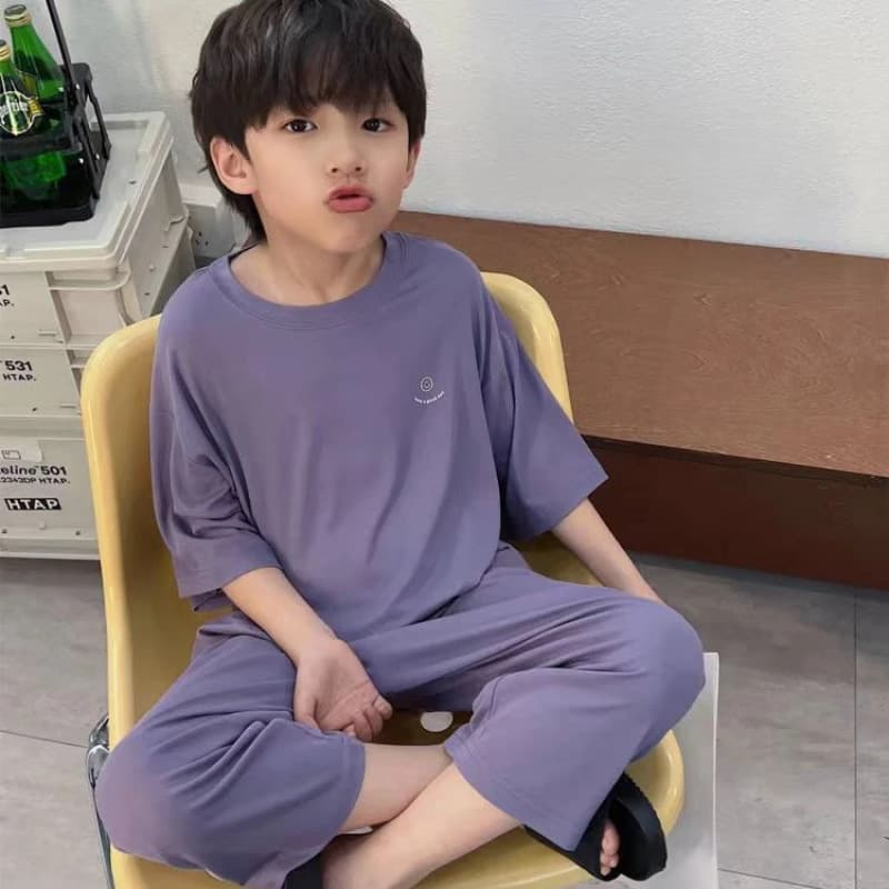 Children's Summer Modal Homewear Set: 3/4 Length Pajama Pants, Korean Style Short Sleeve Two-Piece Set for Toddlers and Older Kids