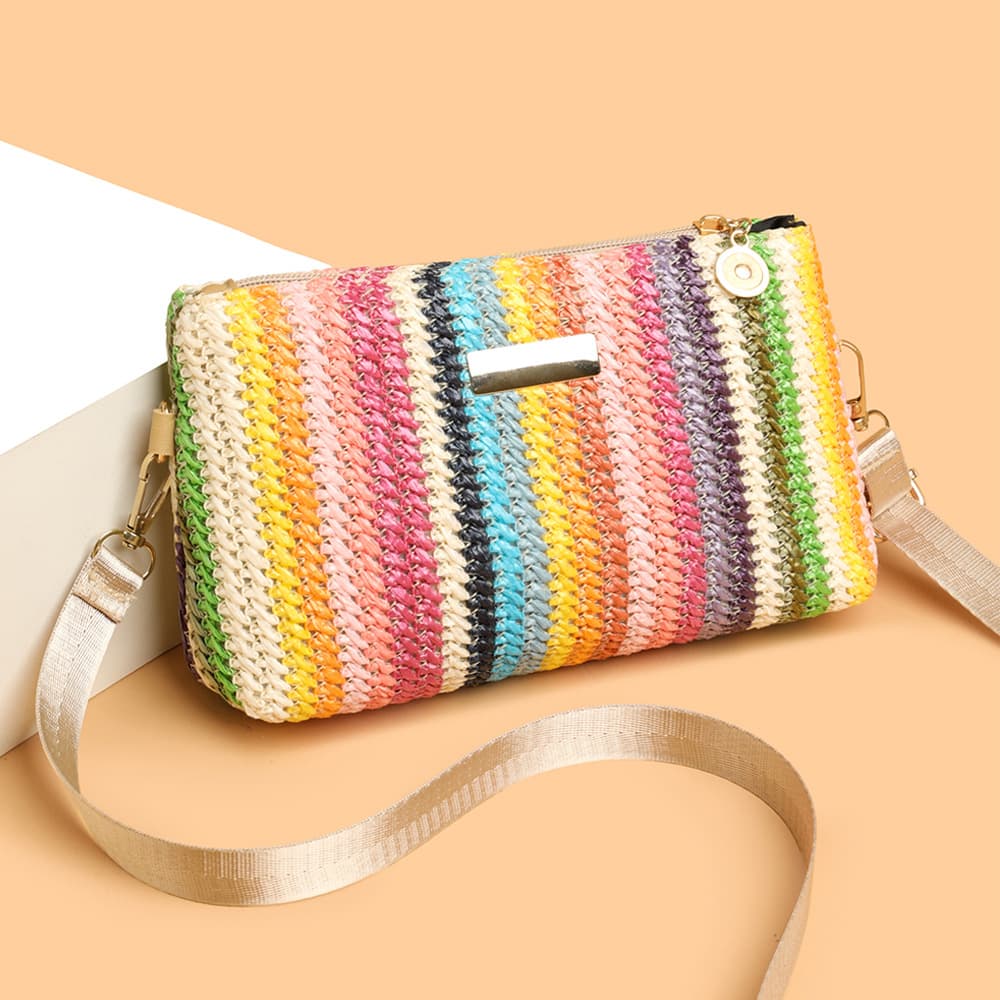 Cross-border new fashion casual daily popular rainbow straw woven camera bag women's bag chain bag crossbody bag
