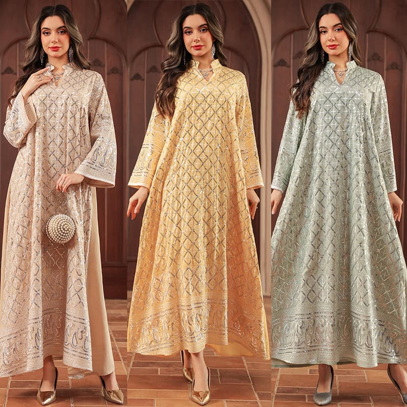 AB512 Jalabiya Sequin Embroidered Fashion V-Neck Long Sleeve Maxi Dress 2026 New Women's Wear