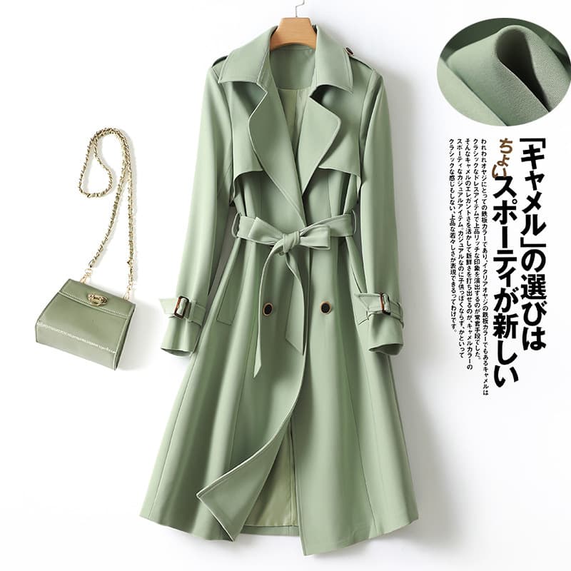 Lapel Green Knee-Length Trench Coat 2023 Autumn New Slimming British Style Mid-Length Coat 6156