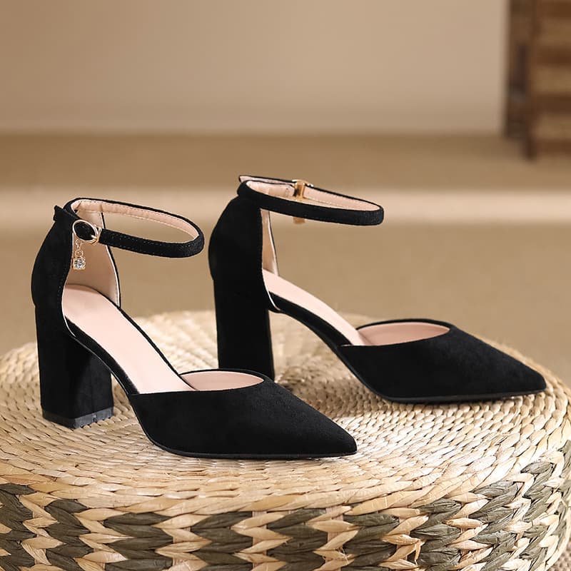 Thick-heeled hollow high-heeled shoes for women with pointed toe suede straps thick-heeled commuting office work shoes large size widening