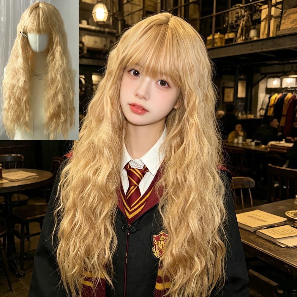 Halloween Wig for Women, Wool Curls, Straight Bangs, Off-White Long Curly Hair, Small Waves, Colorful Wig Set, Factory Ready Stock