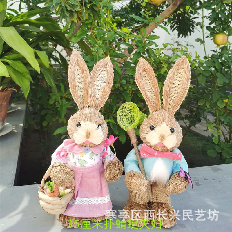 Pastoral Style Woven Grass Craft Rabbit, Handmade 35cm Peter Rabbit Garden Ornament Birthday Gift