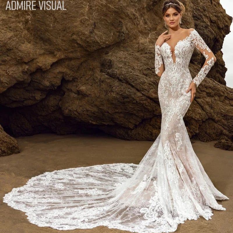 Custom Wedding Dress Backless Slimming Fish Tail Detachable Train Sexy Deep V Neck Long Sleeve Polyester Mesh Fabric Adult Women