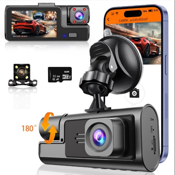 Smartphone-Connected HD Triple Recording Front Cabin Rear Loop Recorder A22 Three-Lens with WiFi Dash Cam