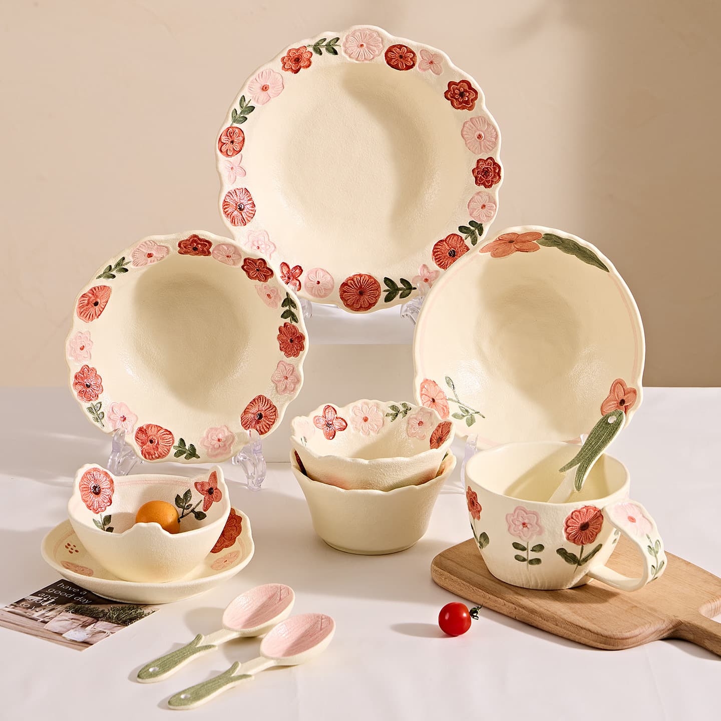 Small fresh ceramic flower bowl household new rice bowl soup bowl dessert bowl soup bowl salad bowl dish set