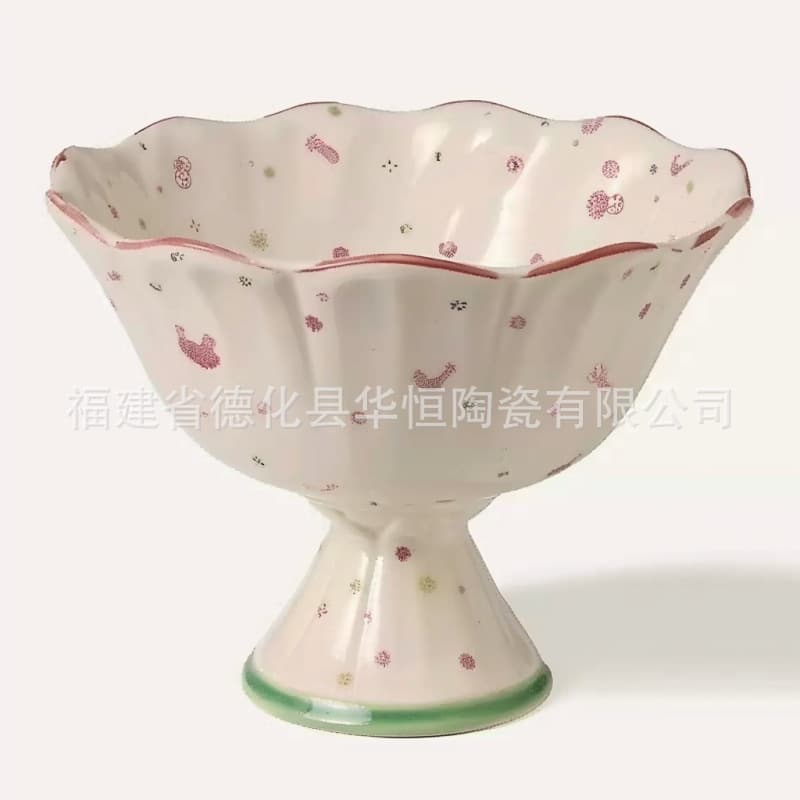 Export Ceramic Ice Cream Bowl Custom High-Footed European Style Salad Fruit Dessert Bowl Cute Girlie Sweet Treat Bowl