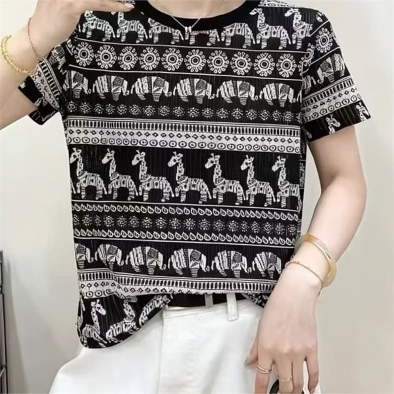 Drop Shipping Hot Vintage Ethnic Print Short Sleeve T-Shirt for Women 2026 Summer Fashion Versatile Thin Top