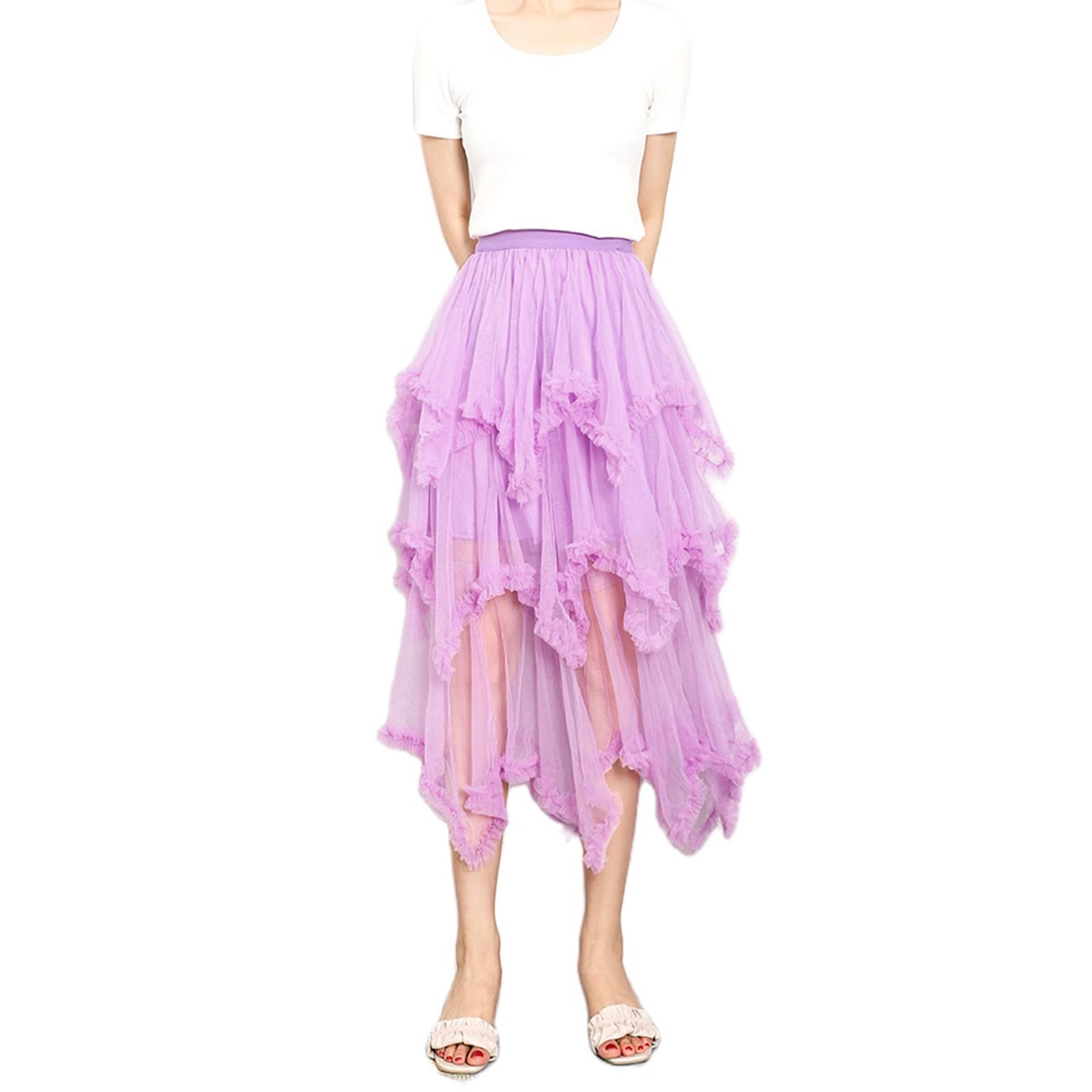 Ruffle Irregular Mesh Cake Midi Skirt High Waist Full A-Line Tulle Fairy Skirt Long Skirt