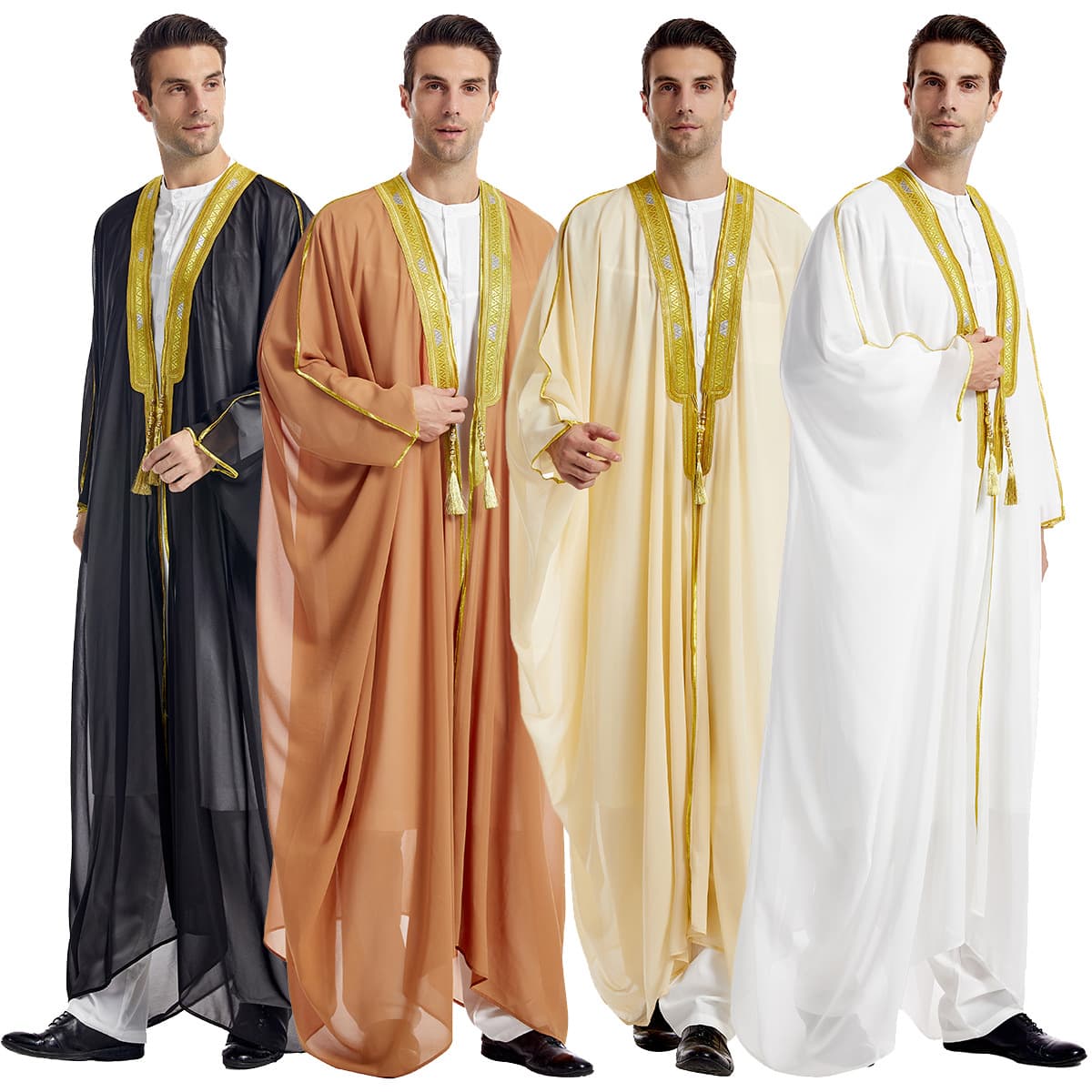 Factory Stock Men's Robe, TH834, Arabic Men's Embroidered Long Sleeve Tassel Gold Bead Chiffon Outer Cape