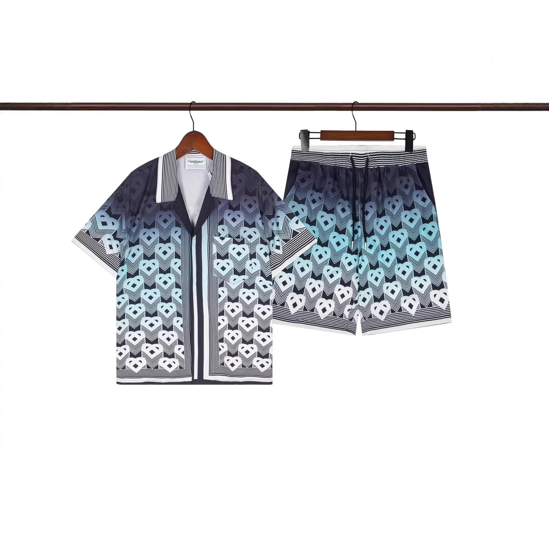 Complete Set of Three Tags: Casblanca New Style Logo Letter Print Retro Striped Short-Sleeve Shirt and Shorts Beach Set