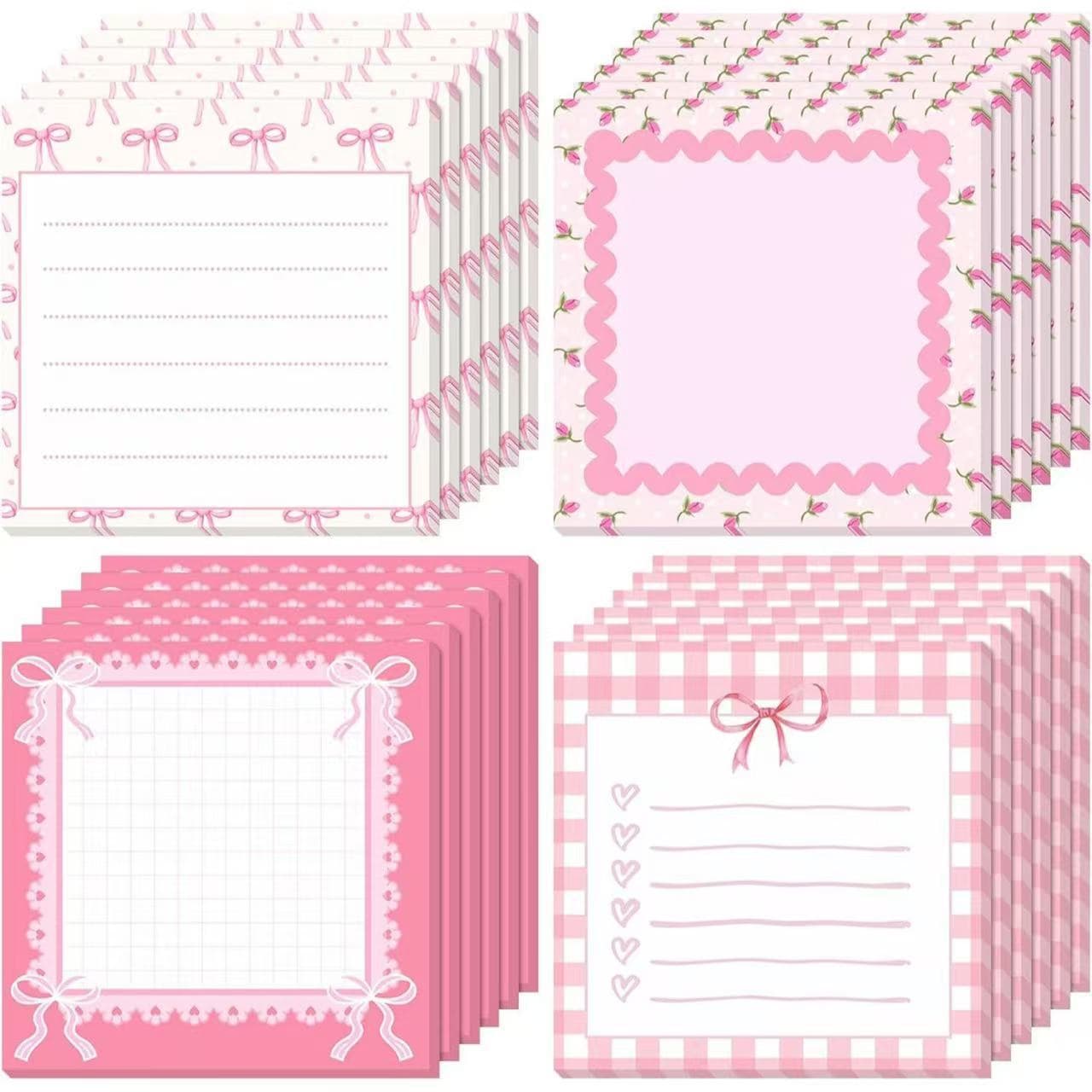 Pink Bow Sticky Notes Creative Memo Pads Cute Reminder Notes Ribbon Self-Stick Notes Student Notebook