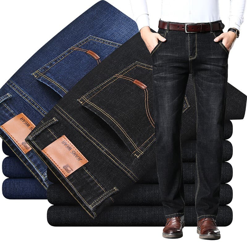 Men's Straight Leg Jeans Slim Fit Casual Elastic Waist Large Size Comfortable Autumn Winter Denim Pants Korean Style