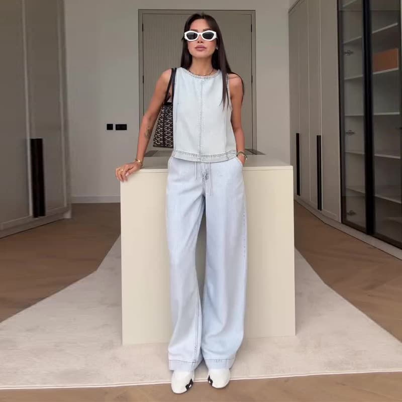 2026 New Summer Women's Loose Sleeveless Washed Denim Straight Leg Pants Set for Cross-Border E-Commerce, Amazon Europe and USA