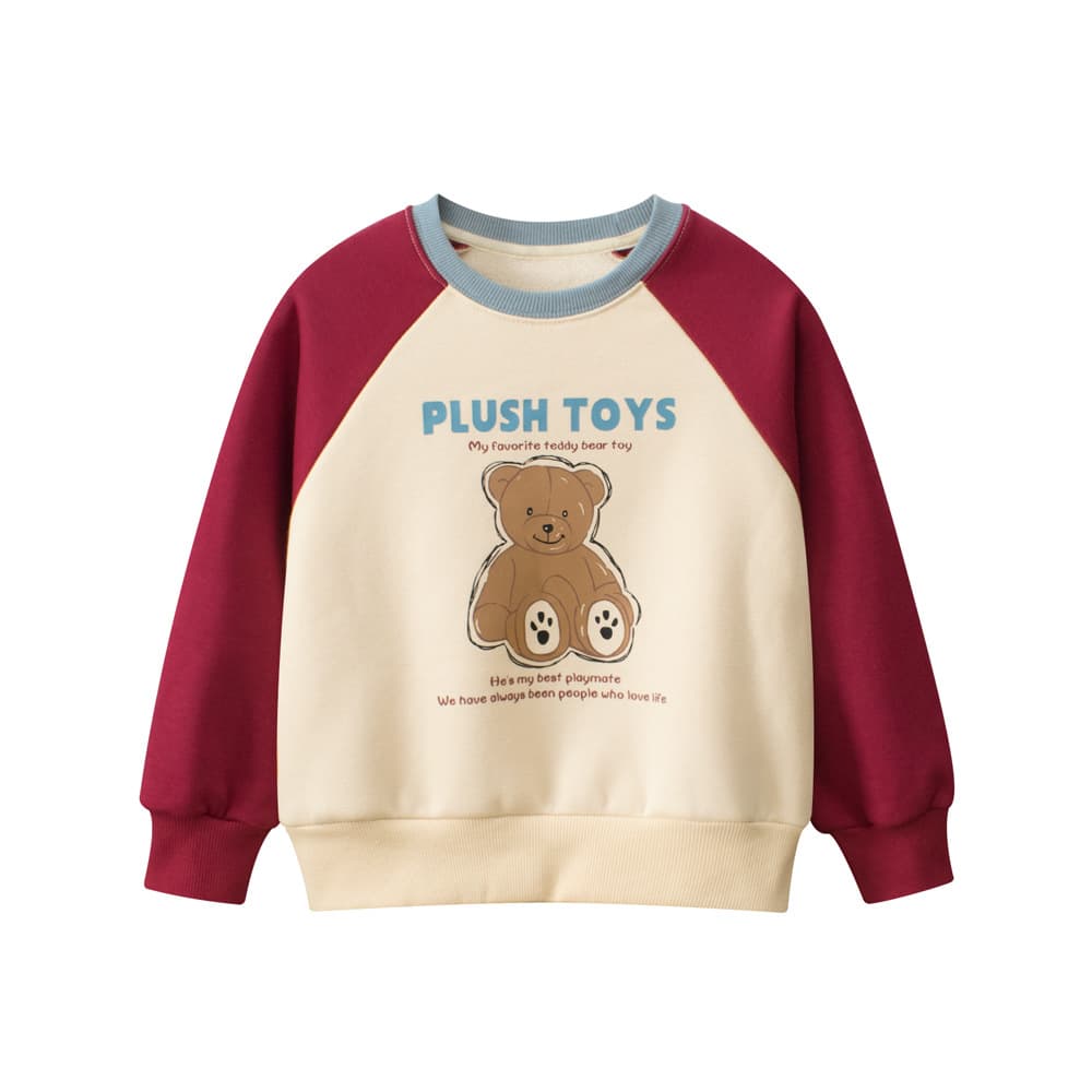 Girls Bear Print Fleece Lined Hoodie Children's Autumn Winter Clothing Soft Cotton Blend Long Sleeve Overhead Sweatshirt