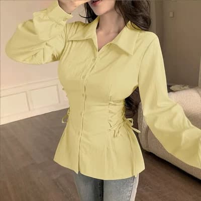 Simple Commute Women's Long-Sleeve Blouse 2026 Early Spring New Tie-Waist Stylish Top