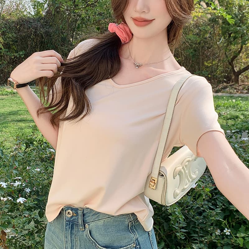 H783 Custom Loose Lazy Solid Color Large V-neck Short-sleeved T-shirt Summer Women's Casual Simple All-match Slimming Trendy