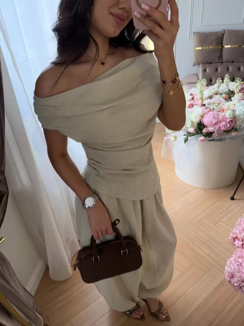 New European and American Cross-Border Hot Style Lightweight Cloud Cotton Breathable Off-Shoulder Draped Top + Elastic Cuff Lantern Pants Set