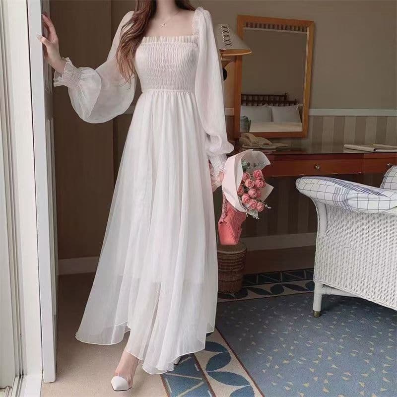 Summer French Long Sleeve Dress, Waist-Cinching, Slimming, Plus Size, Vacation Beach Dress, Women's Red Black White Long Dress